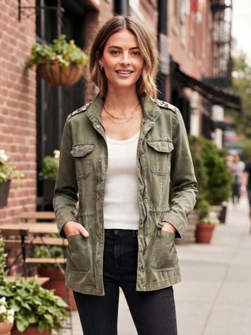Democracy Utility Jacket in Olive Green with Floral Embroidery Shoulders Gorpcor